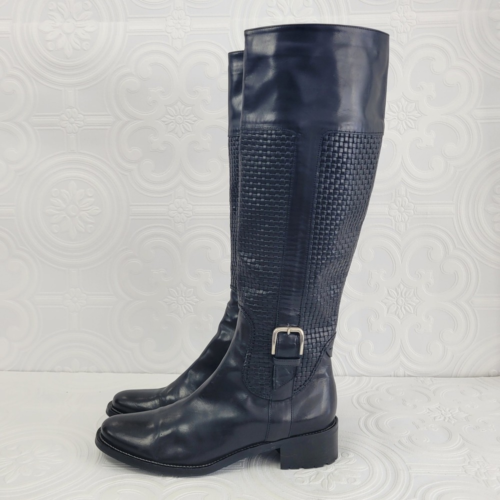 Cole Haan Galina Black‎ Leather Woven Riding Knee High Boots Italy Size 6.5